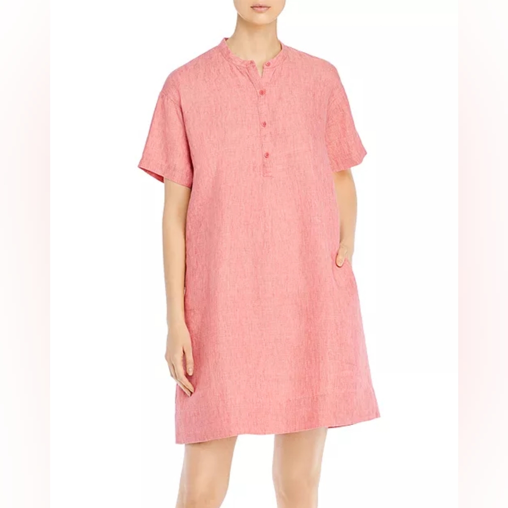 Eileen Fisher Mandarin Collar Organic Linen Shirtdress